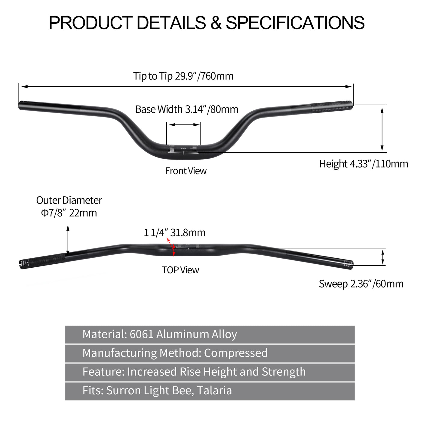 RUTU Handlebars for Surron LBX/Talaria/Talaria Sting/Segway X160 X260 electric dirt bike.